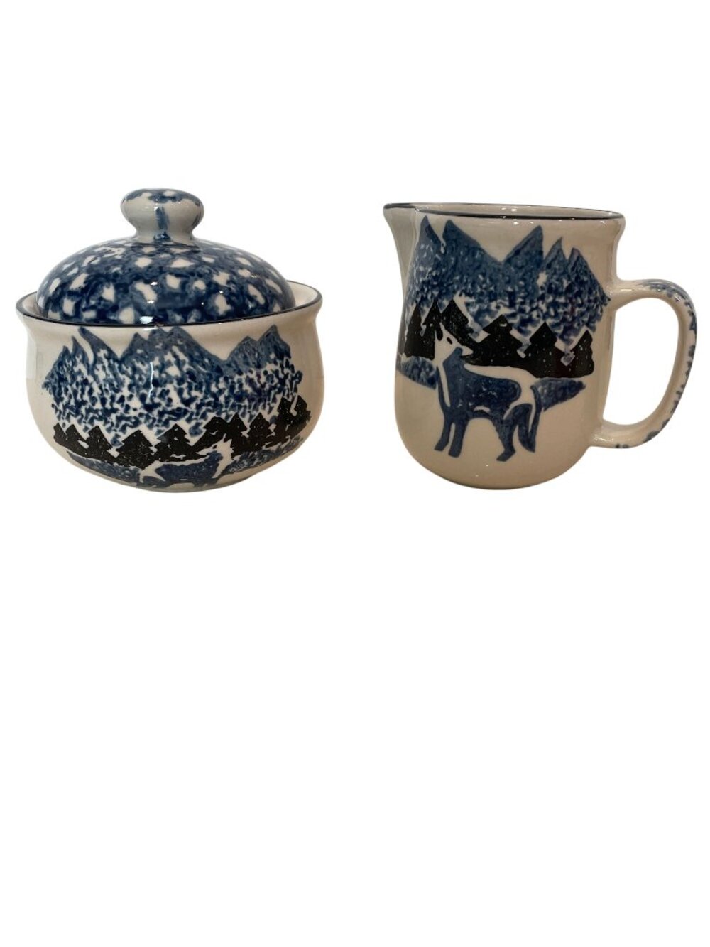 Folk Craft by Tienshan Wolf Creamer Covered Sugar Bowl Blue White Spongeware
